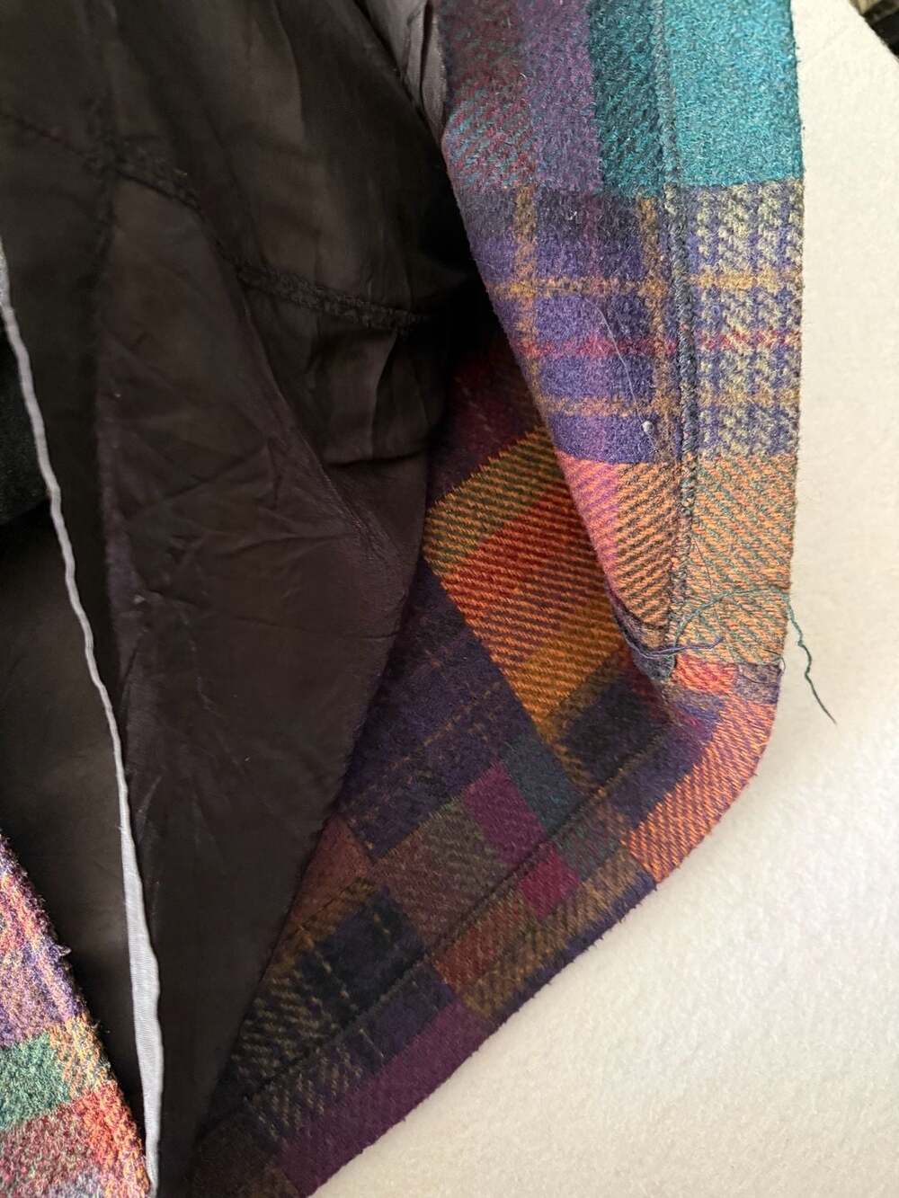 Bambi Fashions Vintage Multi-Color Plaid Patchwork Hooded Coat with Knit Cuffs - Picture 8 of 8